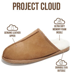 Project Cloud Men's | Genuine Sheepskin Upper House Slippers | Memory Foam | Lightweight | Non-Slip - Colin
