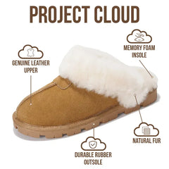 Project Cloud Women's | 100% Genuine Leather & Natural Fur Lining Fuzzy Slippers | Memory Foam | Non-Slip - Hedy